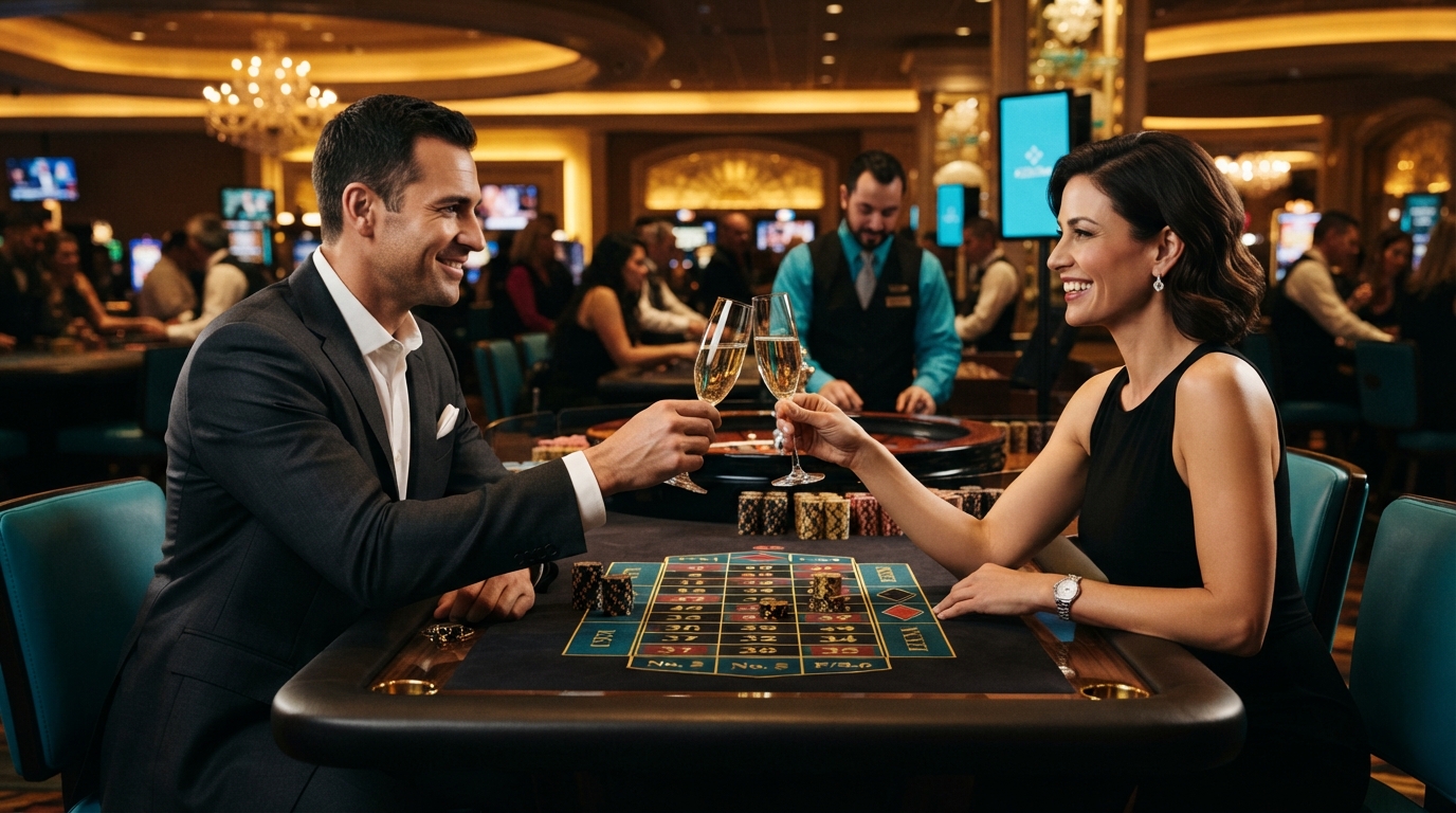 Klarna casino: Spil med Klarna i Danmark — Elegante par ved et roulettebord, champagneglas hævet i et toast.