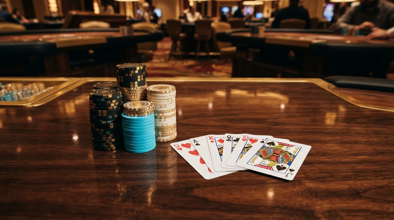 Klarna casino: Spil med Klarna i Danmark — Tæt på en stak jetoner og et spredt kortspil på poleret træ.